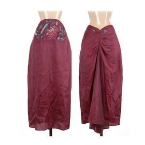 Free People Silk Skirt / 100% Silk / Embroidered Burgundy Wine -Size 5